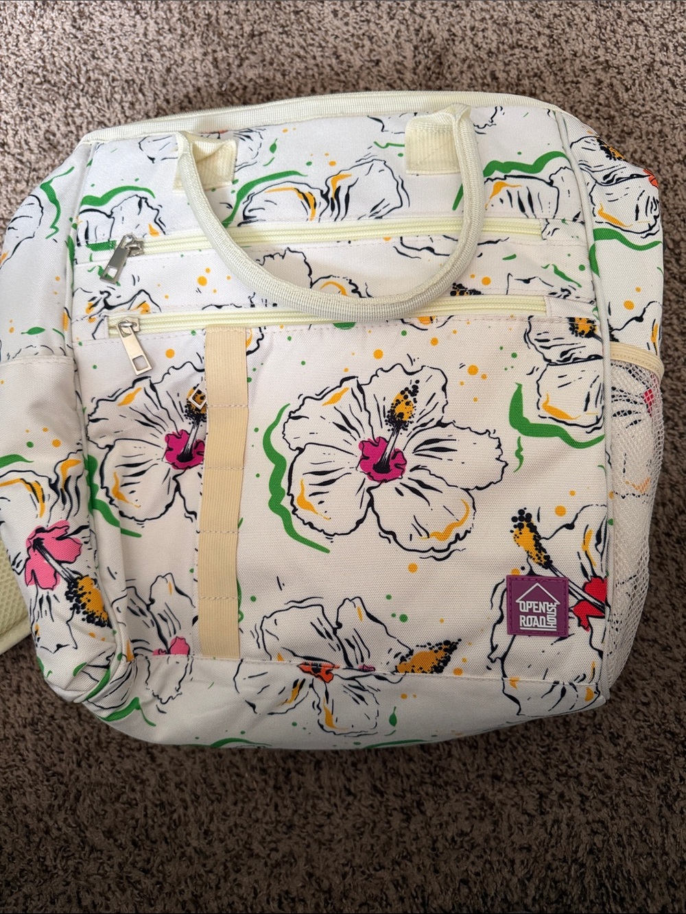 Open Road Floral Canvas cooler Bag in Cream with Pink Accents